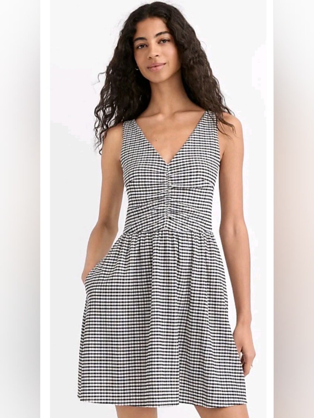 LOFT Black and White Gingham V-Neck Sleeveless Fit And Flare Dress